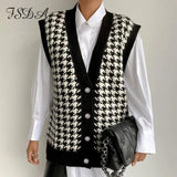 V Neck Houndstooth Vest Cardigan 2020 Black Sleeveless Sweater Women Loose 2020 Autumn Winter Knitted Casual Fashion