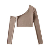 Zingj Trendy Women's Wear Machine Short Sloping Shoulder Long-Sleeved T-Shirt Women's INS Fashion Irregular Bottomed
