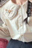 Chemise Femme Peter Pan Collar Women Sweet Floral Embroidery Long Sleeve Y2k Loose Shirts Korean Casual Camisas