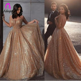 New Women's A Line Glitter Princess Dress Champagne Spaghetti Straps Long Maxi Dresses Sparkly Evening Party Dress