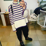 2021 Autumn Winter Oversized Pullover Women Knitted Turtleneck Long Sleeve Striped Loose Sweater Casual Fashion
