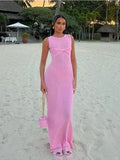 Solid Knot O Neck Knitted Long Dresses Women Sexy Sleeveless Slim Fit Maxi Dress Female Party Beachwear Casual