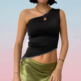Vintage Chinese Style Print Crop Top Asymmetric Slim Fit One Shoulder Vests E-girl Aesthetic Fashion Women Summer Tank
