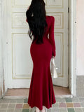 Elegant Black Mermaid Dress Women Casual Chic Long Sleeve Sexy Evening Party Dress French Vintage Pretty Long Dress