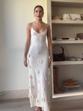 3d Flower V-neck Backless Sling Maxi Dress Women Sleeveless Slim Lace Up Dresses 2024 Elegant Lady Chic Vacation