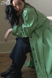 Spring Oversized Long Green Black Soft Pu Leather Trench Coat for Women Raglan Sleeve Belt Single Breasted Fashion