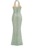 Halter Deep V Neck Sequin Maxi Dress- Outfit