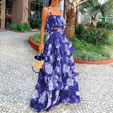 Spot 2025 Women's Fashion Holiday Wind Strap Top Print Flounce Skirt Two-Piece
