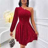 Winter New Fashion Women's Hot Diagonal Shoulder Long Sleeve Solid Color Waist Sexy Wind