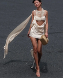 White Satin Cut Out Bralette Draped Mini Dress-Outfit