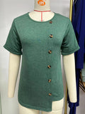Zingj 2024 New Round Collar Button Irregular Splicing Loose T-Shirt Women-Outfit