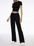 Short Sleeve Cropped Top Straight Leg Pants Set- Outfit