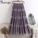 kawaii Chiffon Lace Stitching A-line pleated skirt Women's High Waist Midi Skirts Black Purple Elegant Party Long