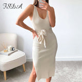 2021 Summer Stripe Knitted Bodycon Dress Midi Women Blue Sexy V Neck Elegant Bandage Casual Sleeveless Party
