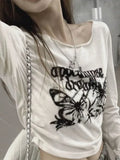 Pleated Grunge Tee Shirts Femme Slim Fit Y2k Aesthetic Letter Print Long Sleeve Cropped Top Women Fashion All Match
