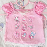 Kawaii Cartoon Print Lolita T-shirt Women Sweet Y2k Aesthetic Ruffles Bow Crop Tops Girls Harajuku Grunge Summer
