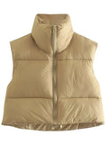 Women Fashion Brown Cropped Vest Coat Female Stand Collar Zipper Waistcoat Ladies Casual