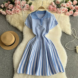 Zingj Niche Retro Color Lapel Short Sleeve Striped Dress Female Waist Show Thin Temperament A-Word Knit