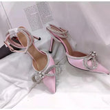 Zingj Summer Sandals Women's New Pointed Rhinestone Bow One Word Button Belt Sexy High Heel Plus Size Women's