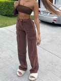 Brown Vintage Baggy Jeans Women 90s Streetwear Pockets Wide Leg Cargo Pants Low Waist Straight Denim