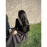 Zingj Hepburn V Neck Long Sleeve Knitted Dress Female Summer French With A Waist Show Long Skirt-Outfit