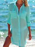 New Spring Summer Autumn Women Blouse V-Neck Long Sleeve Pocket Solid Shirts Women Casual White Blouse For Beach Tops