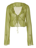 Sheer Mesh Ruffle Long Sleeve Crop Blouse-Outfit