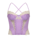 Zingj Leisure Wind Lace Splice Color Mesh Gauze Purple Condole Shirt 2023 New Sexy V-Neck Perspective