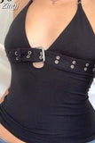 Streetwear Punk Style Halter Neck Black Crop Top Female Gothic Grunge Backless Summer Tops Buckle Eyelet Camisole