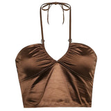 Sexy Strappy Brown Halter Crop Top Women Summer Backless Cami Tops Tees Ladies Fashion Fitness Camisole