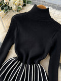 Turtleneck Striped Pleated Knitted Dress Long Sleeve Thick Elastic Warm Dress Women Winter Vinage Chic Sweater