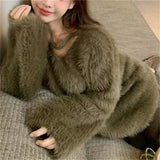 Zingj Fufu Soft Waxy Imitation Mink Wool Clothes Autumn Winter Gentle Lazy Wind V Collar Outside Wear A Loose Jacket-Outfit
