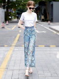 Summer New Slim And Versatile Hollow Out Lace Stitching Denim Pants Women High Waist Wide Leg Pants Female Casual