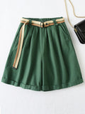 Women Vintage Khaki Wide Leg Shorts with Belt Pockets Female Retro Casual Shorts Pantalones