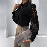 Casual Lace Patchwork Shirt Top For Women Spring Long Sleeve White Shirts Woman Elegant Hollow Out Button Blouses