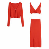 Fashion Red Knitted Cardigan Cropped Top Midi Skirt 3 Pieces Optional High Waist Elegant Set Summer Bodycon