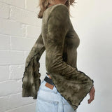 Zingj Print Tie-Dye Color Long-Sleeved T-Shirt New V-Neck Y2K Crop