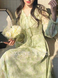 Summer Fairy One Piece Dress Korean Casual Vintage Floral Midi Dress Women Long Sleeve French Sweet Dress Office Lady