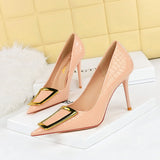 Zingj Korean Version Of Fashion And Slender Thin Heel Shallow Pointed Metal Buckle Single Shoes Women's High