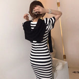Summer Korean Bottom Knitted Striped Maxi Dress Women Short Sleeve Splitting Bodycon Dresses Fashion Elegant Slim
