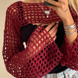 2022 Summer Green Long Sleeve Smock Knitted Crop Top Women Y2k Beach Sexy Backless Hollow Out T Shirts Party