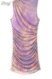Pink Tulle Mini Dress Woman Mesh Bodycon Dress Women Sleeveless Semi Sheer Short Dresses For Women Ruched Summer