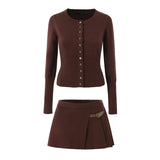 Knit Buttoned Long Sleeve Top And Pleated Mini Skirt-Outfit
