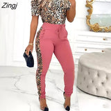 Women Sexy Cheetah Print Top & Colorblock Drawstring Trousers Women's Two Pieces Suits Skinny Pencil Pants Set Tracksuit
