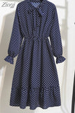 Floral Print Women Dress Female Autumn Long Sleeve Vintage Chiffon Bow Tie Neck Office Lady Shirt Dress Summer