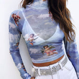Zingj Sleeve Cupid Print T-Shirt Girl Autumn Burst Half High Collar Mesh Crop Street Top Girl-Outfit