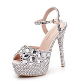 Fish Mouth High-Heeled Sandals Fine Heel Water Diamond Wedding Shoes Bride Shoes Color Diamond Crystal Sandals Full Of Diamond