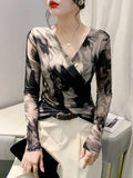 Autumn Wrinkled Cross V-Neck Long Sleeve Mesh T-shirt Women High Stretch Printing Fashion Slim Base TShirts