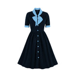 Spring Green Shirt Women Tunic Midi Dress Button Bow Neck Design 1920s 50S 60S Retro Vintage Cotton Swing Dresses For