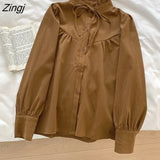 Lace-Up Kawaii Shirt Women New In Korean Preppy Style Button Up Elegant Blouse Mujer De Moda Loose Top Japanese